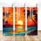 This photo shows the front, back, and side of beach sunset tumbler with golden tones and palm trees sitting on a table.